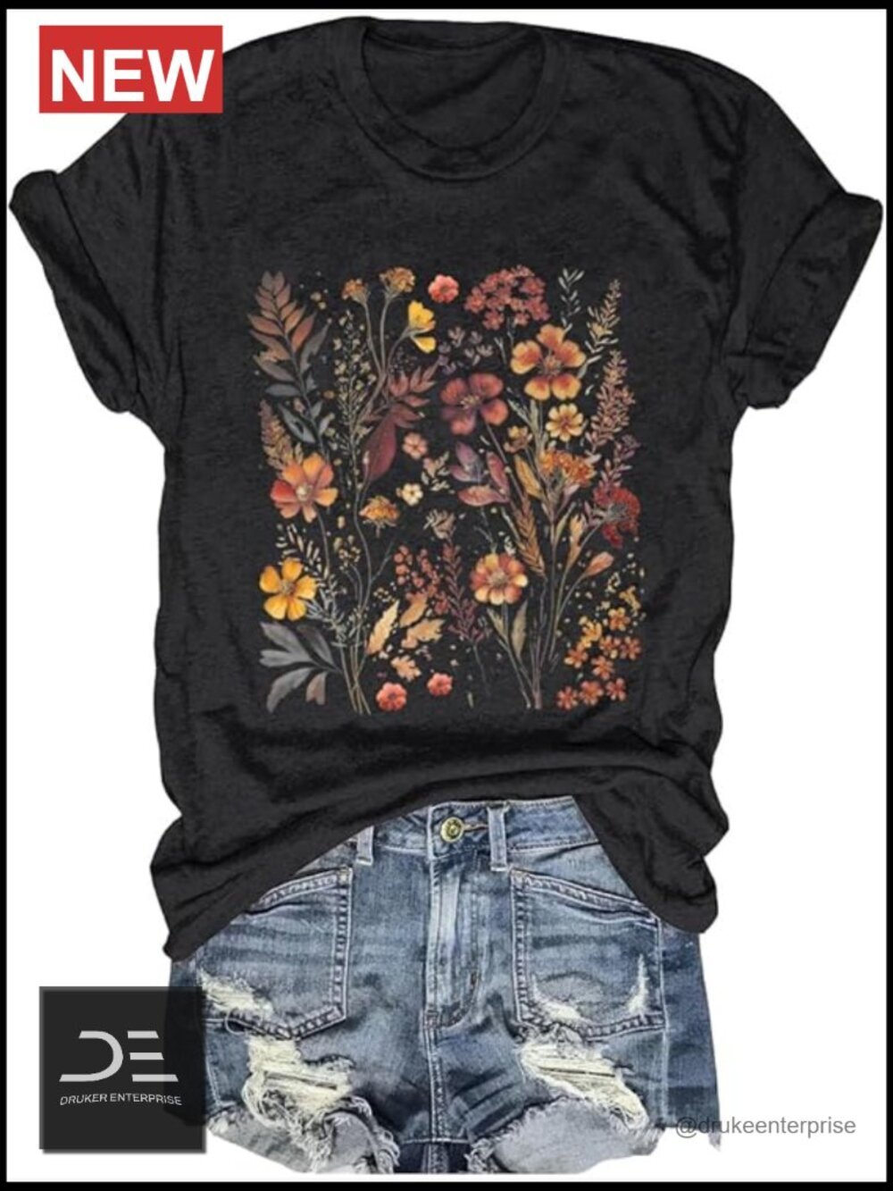 Boho Flower T Shirt Vintage Flowers Printed Tee Casual Short Sleeve Cotton Blend